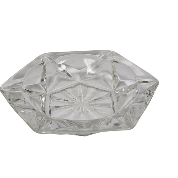 Vintage 90s Clear Glass Hexagonal Star Ashtray Geometric Heavy Duty Retro Decor - Picture 1 of 6